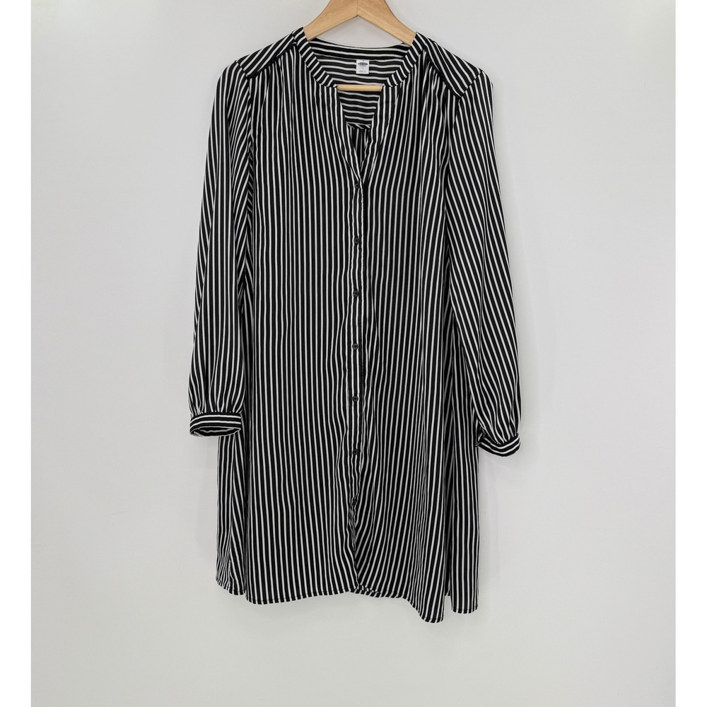 Old Navy Striped Chiffon‎ Shirt Dress Long Slv Button Down Black White M Preppy